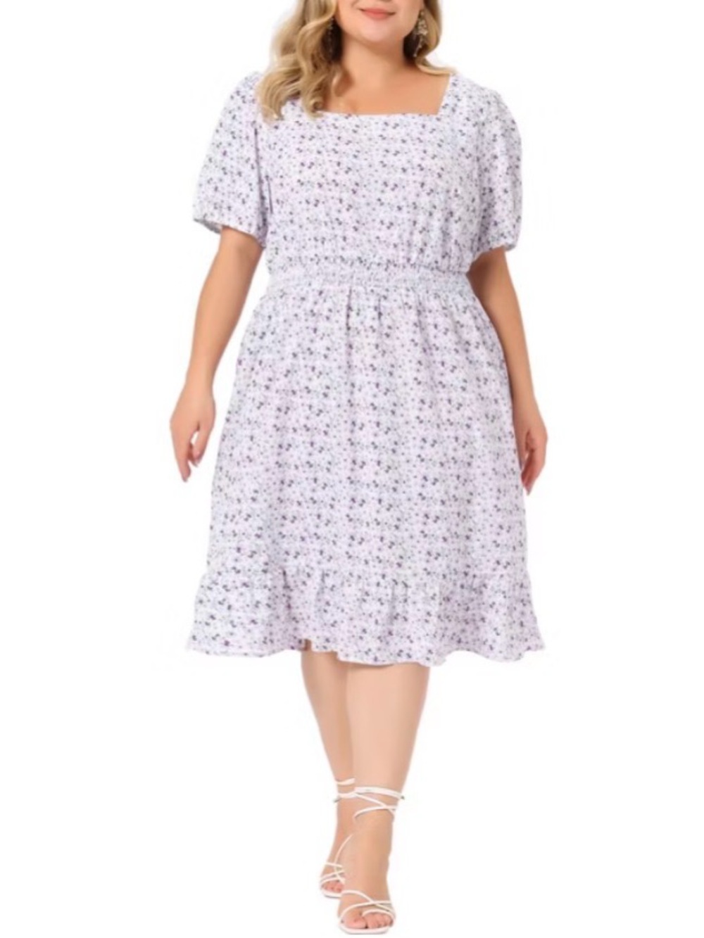 Plus Size Floral Square Neck Short Sleeve Smocked Waist Ruffle Hem Casual Dress
